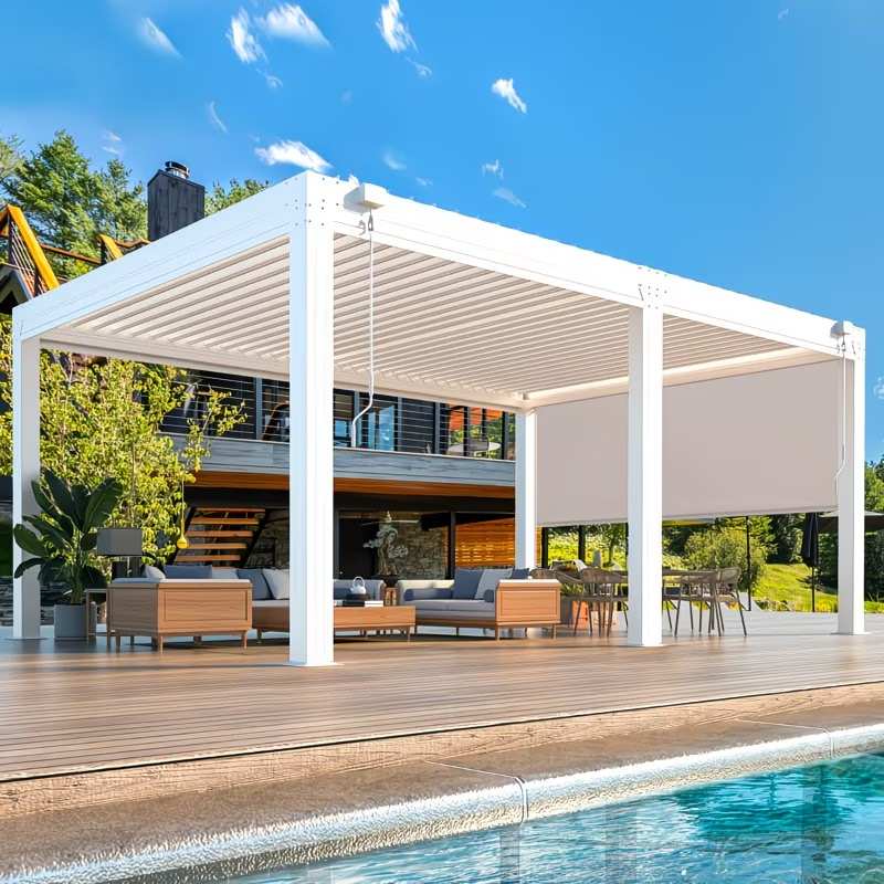 Outdoor patio with pergola, furniture, and pool under a clear blue sky.