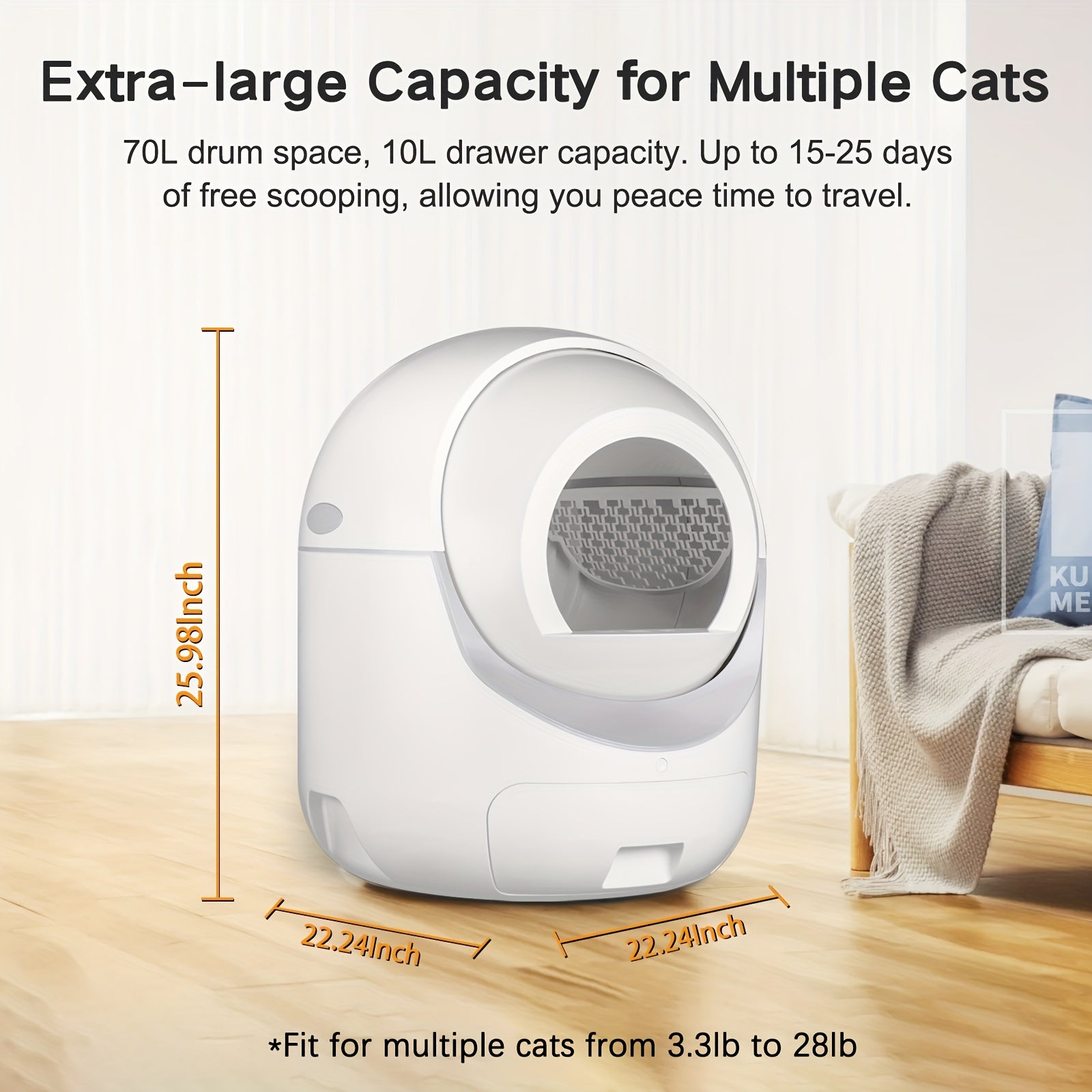 Smart cat litter box with dimensions and capacity details on a wooden floor.