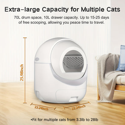 Smart cat litter box with dimensions and capacity details on a wooden floor.