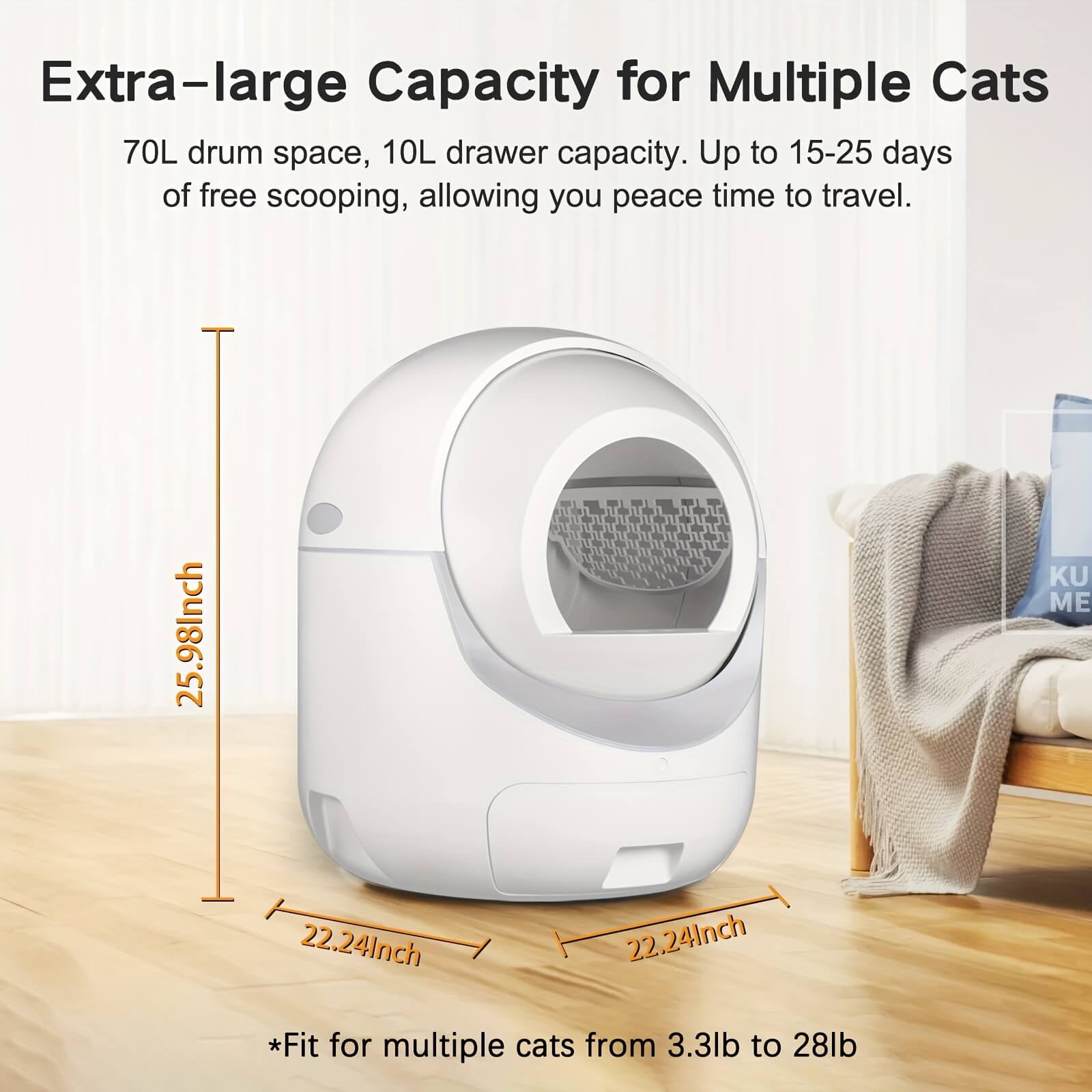 White automatic cat litter box with dimensions on a wooden floor, featuring text about capacity and features.