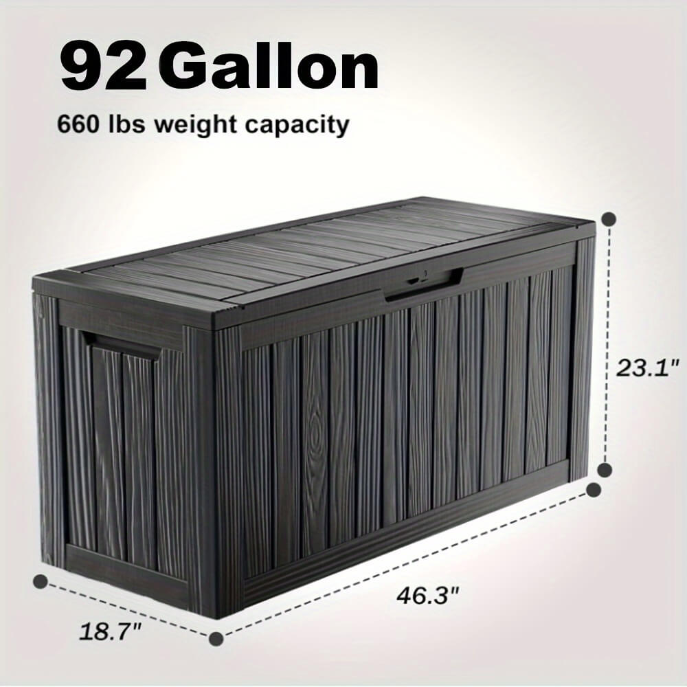 Black storage box with dimensions and weight capacity on a white background