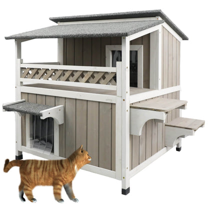 Cat house with a cat walking in front on a white background