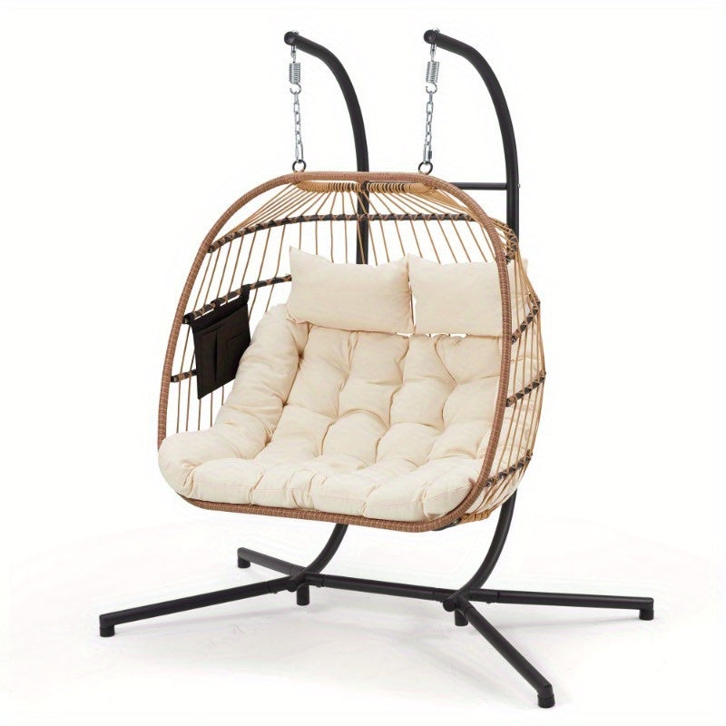Hanging chair with beige cushions on a white background