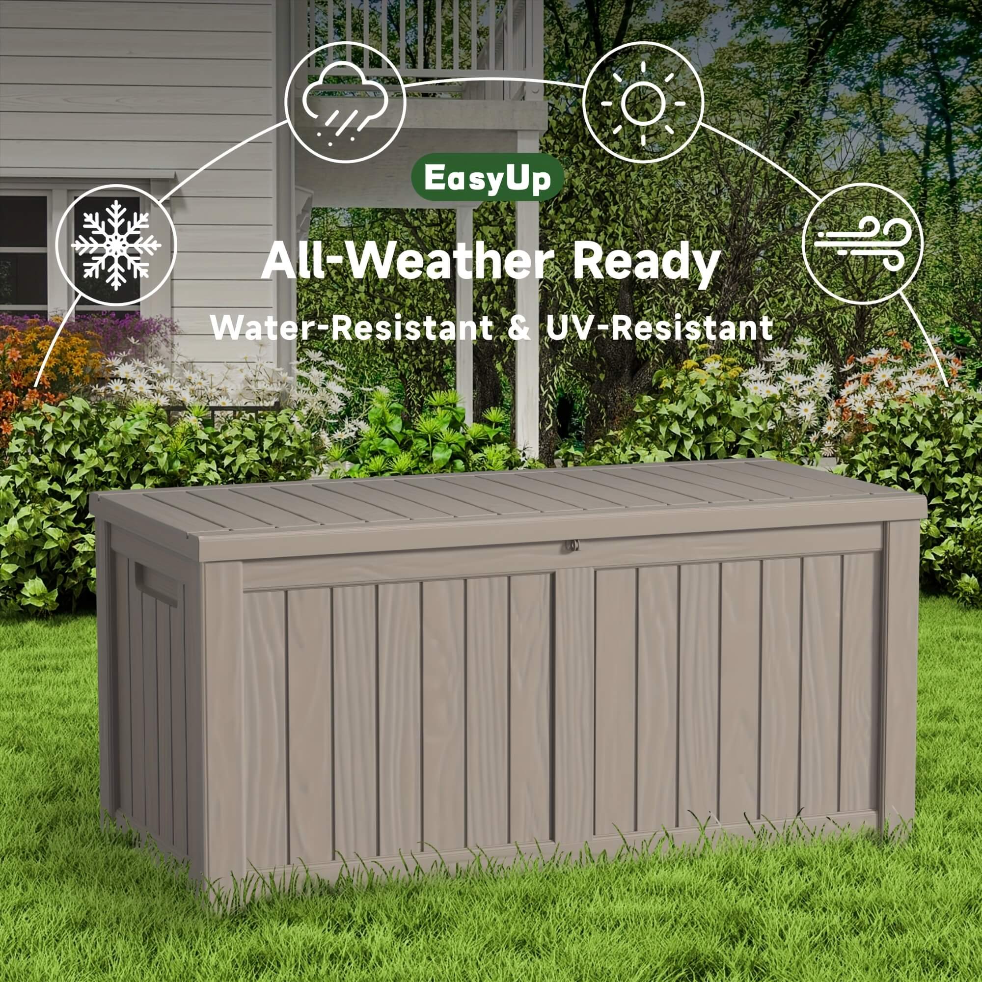 Resin outdoor storage box with 'EasyUp' branding, labeled as all-weather ready, water-resistant, and UV-resistant, set against a garden background.