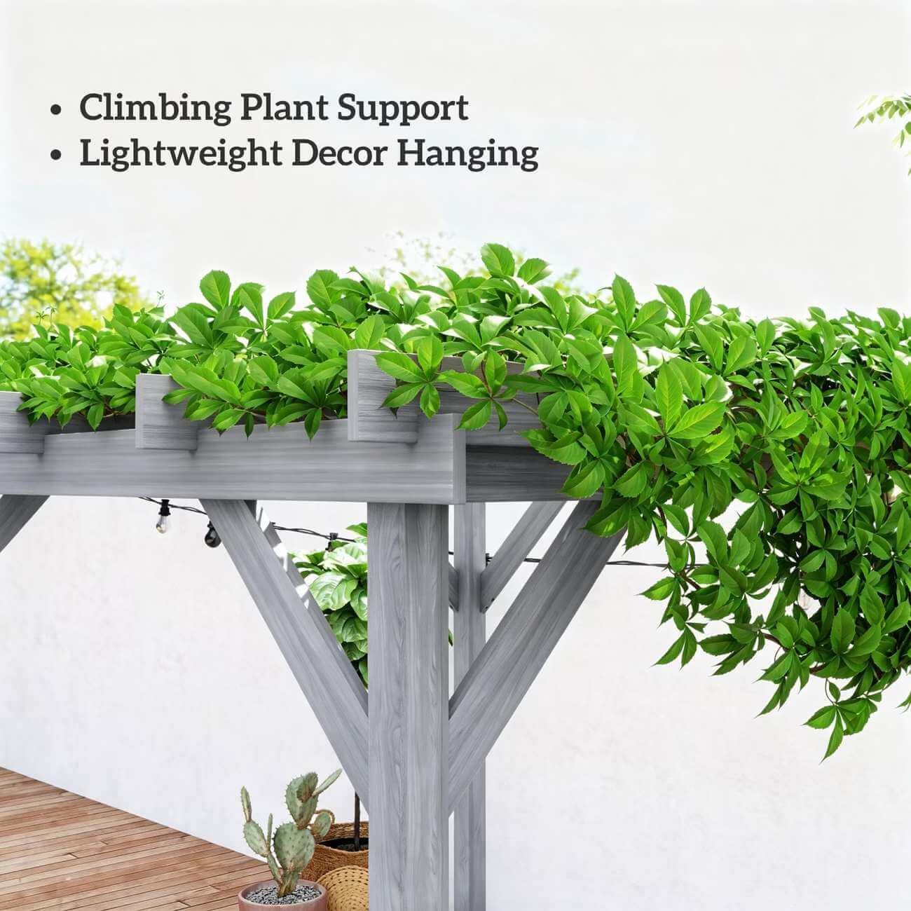 Climbing plant support system with green plants on a wooden deck.