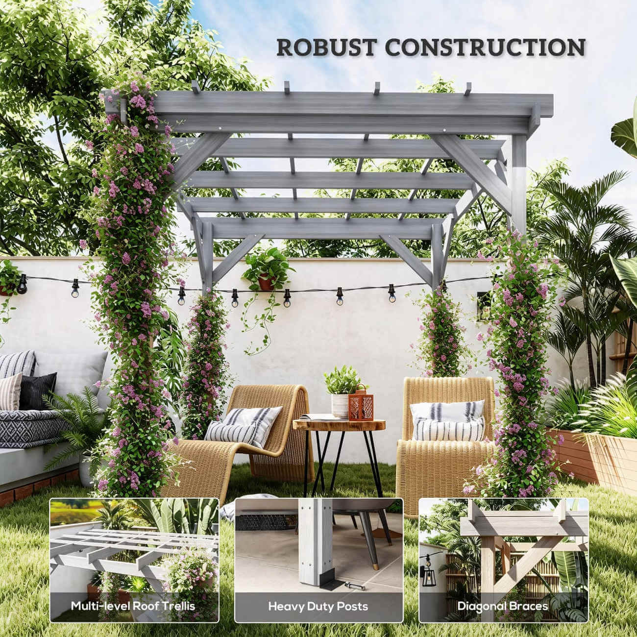 Wooden pergola with outdoor furniture in a backyard setting