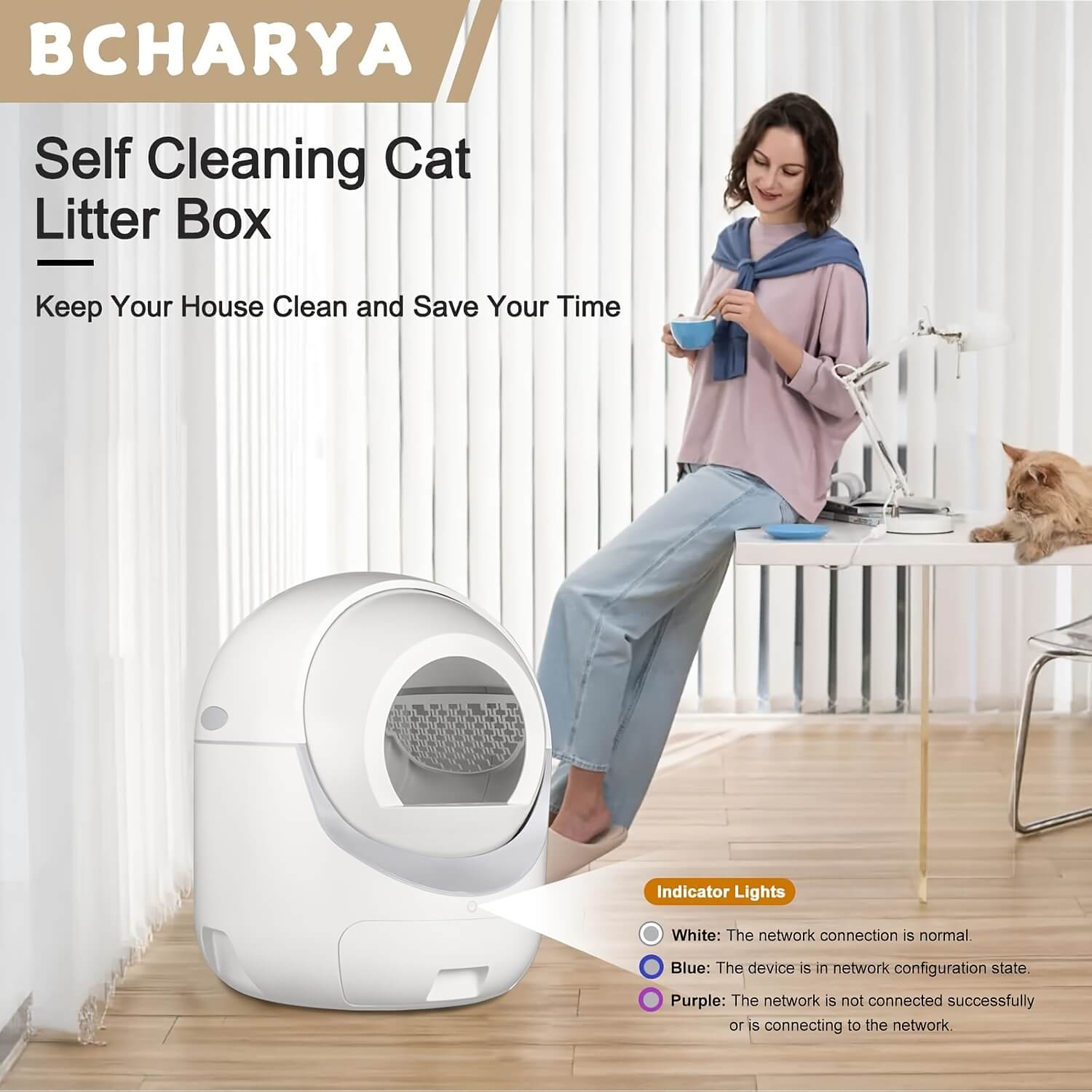 BCHARYA self cleaning cat litter box with a woman and cat in a home setting