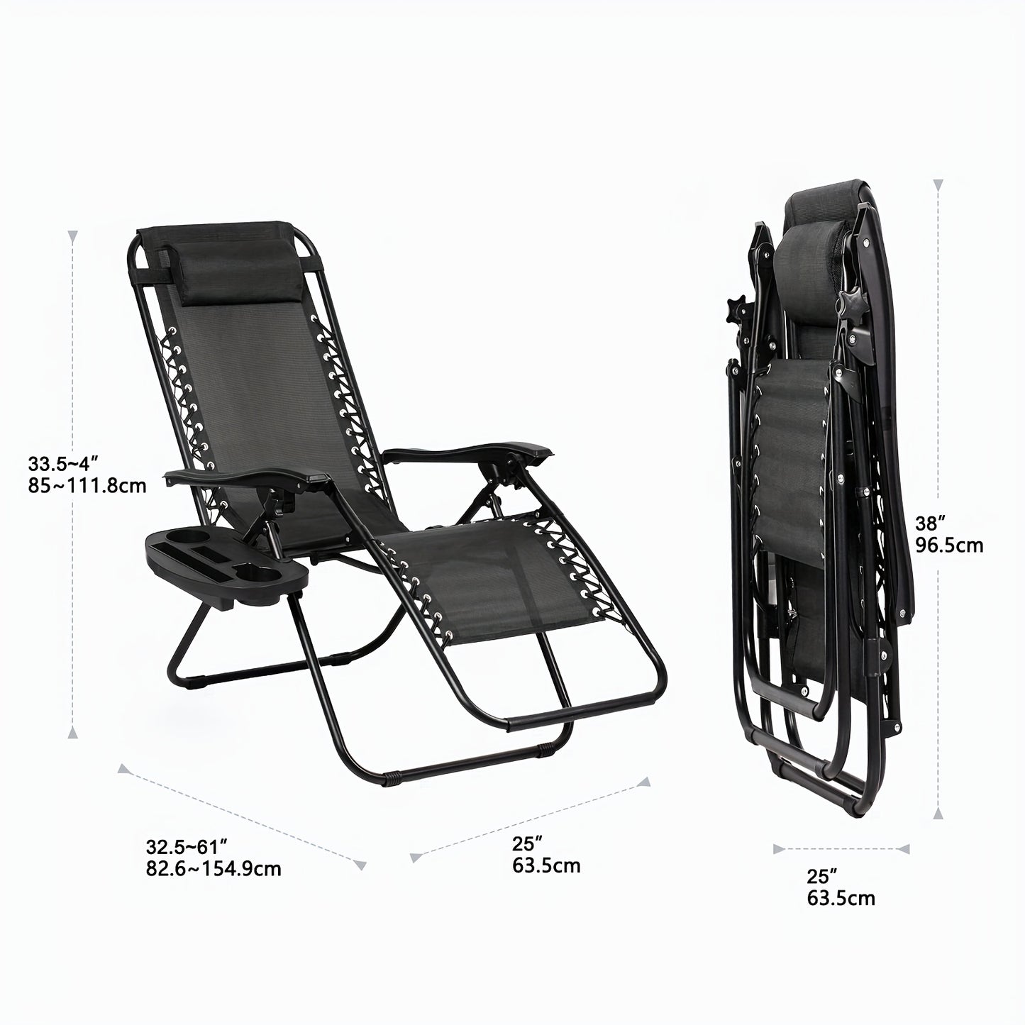 Black lounge chair with dimensions on a white background