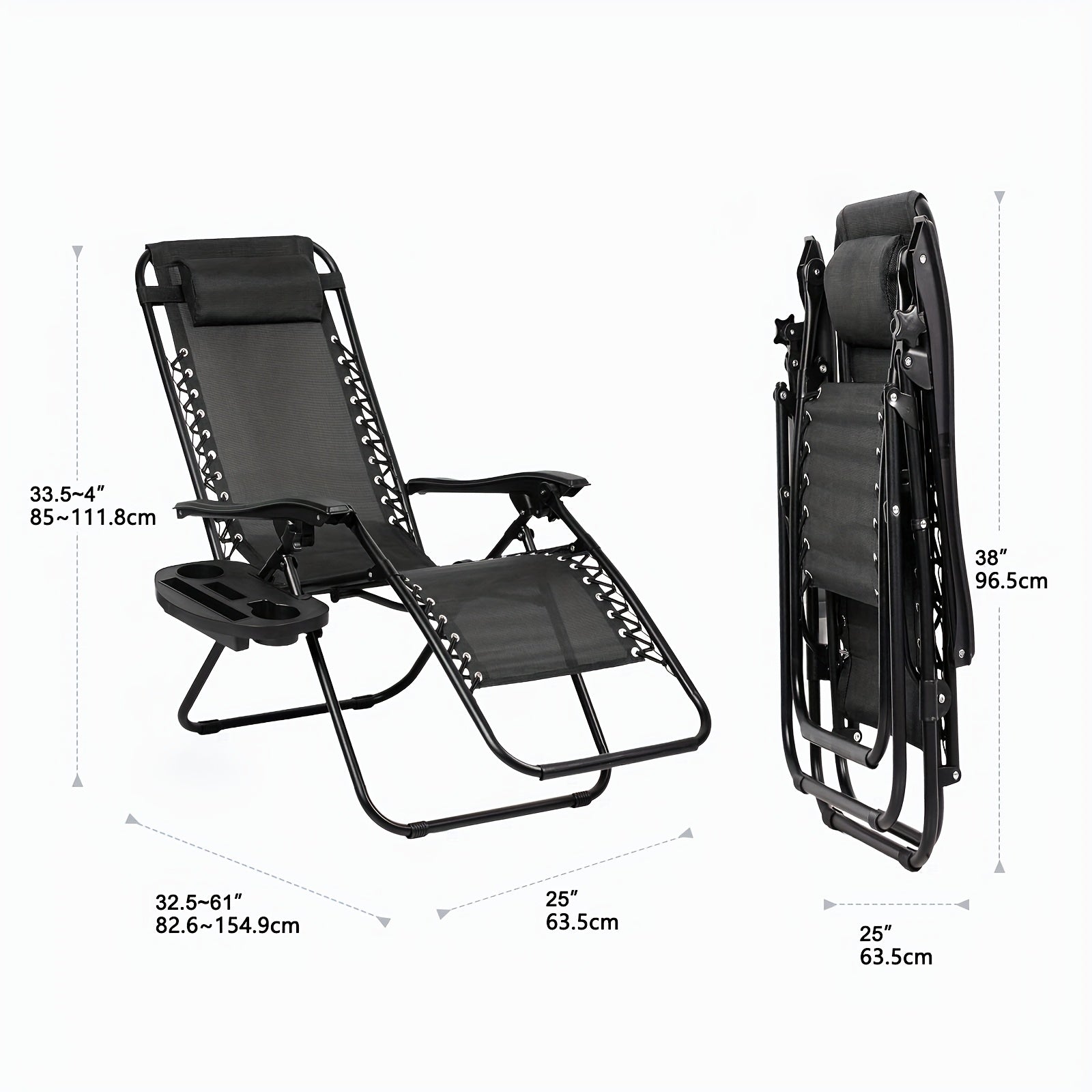 Black lounge chair with dimensions on a white background
