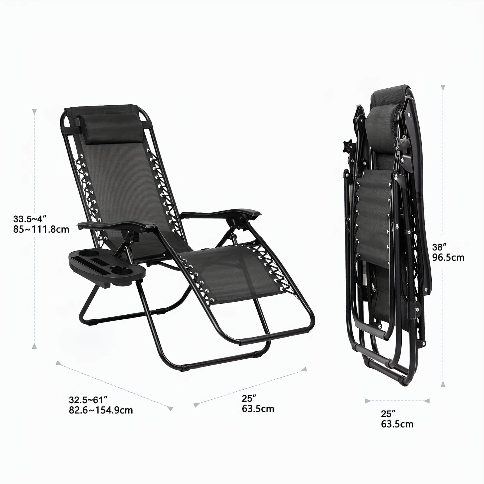 Black zero-gravity chair with dimensions on a white background