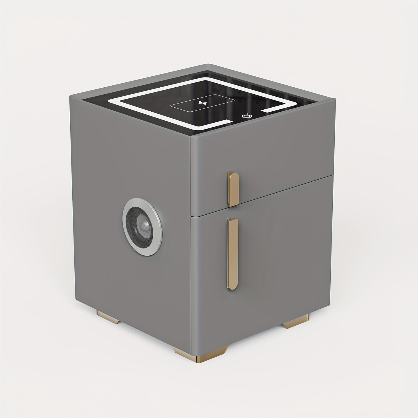 Gray modern nightstand with safe with a square screen and metallic accents on a white background