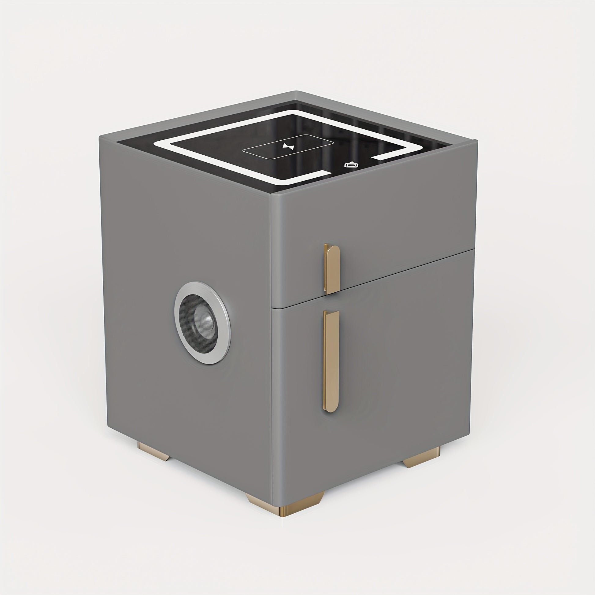 Gray modern nightstand with safe with a square screen and metallic accents on a white background