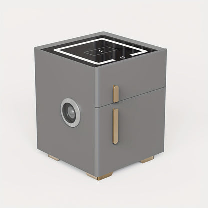 Gray modern nightstand with safe with a square screen and metallic accents on a white background