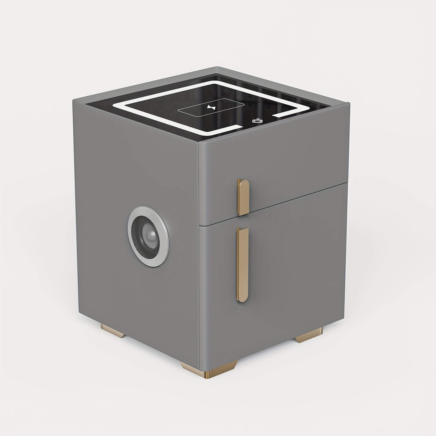 Gray modern nightstand with safe with a square screen and metallic accents on a white background