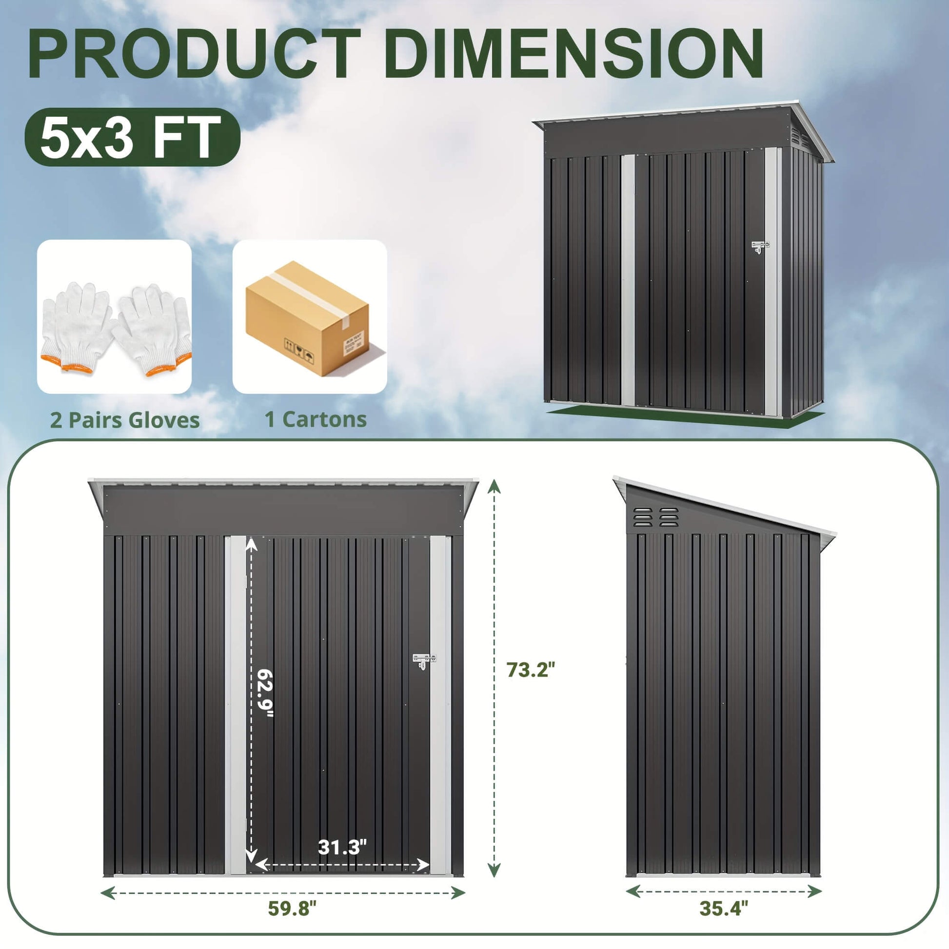 Dimensions and features of a 5x3 FT storage shed with gloves and cartons icons.