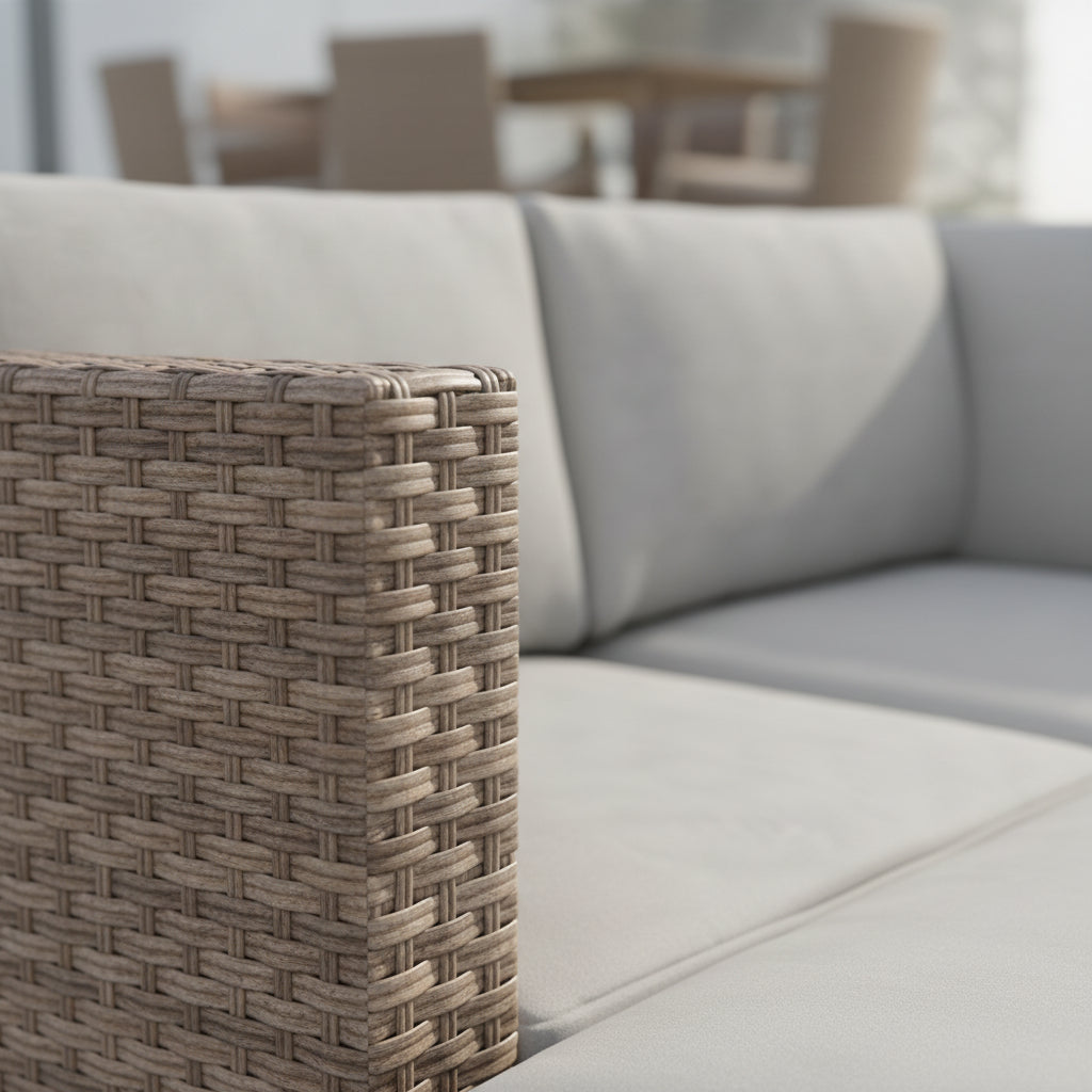 Outdoor furniture set with a sectional sofa and coffee table on a white background