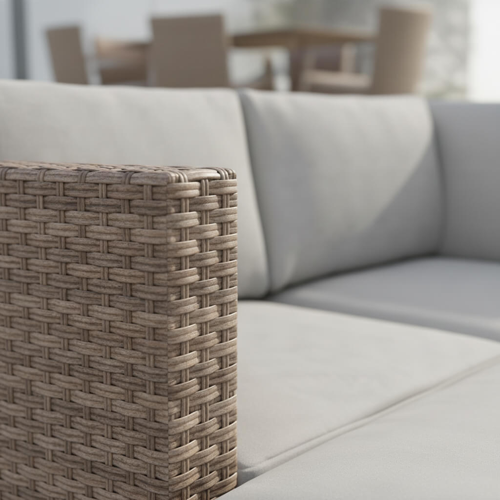 Close-up of a woven side table next to a gray sofa with a blurred outdoor setting in the background.