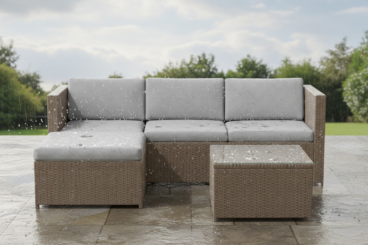 Outdoor patio furniture set with gray cushions on a wet patio