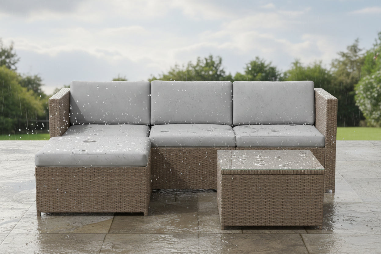 Outdoor furniture set with a sectional sofa and coffee table on a white background