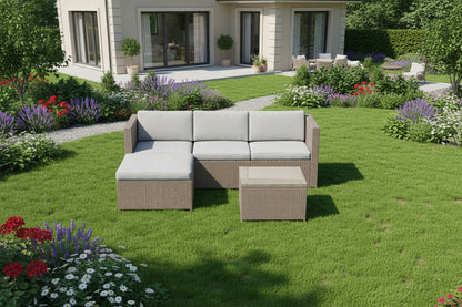 Outdoor furniture set with a sectional sofa and coffee table on a white background