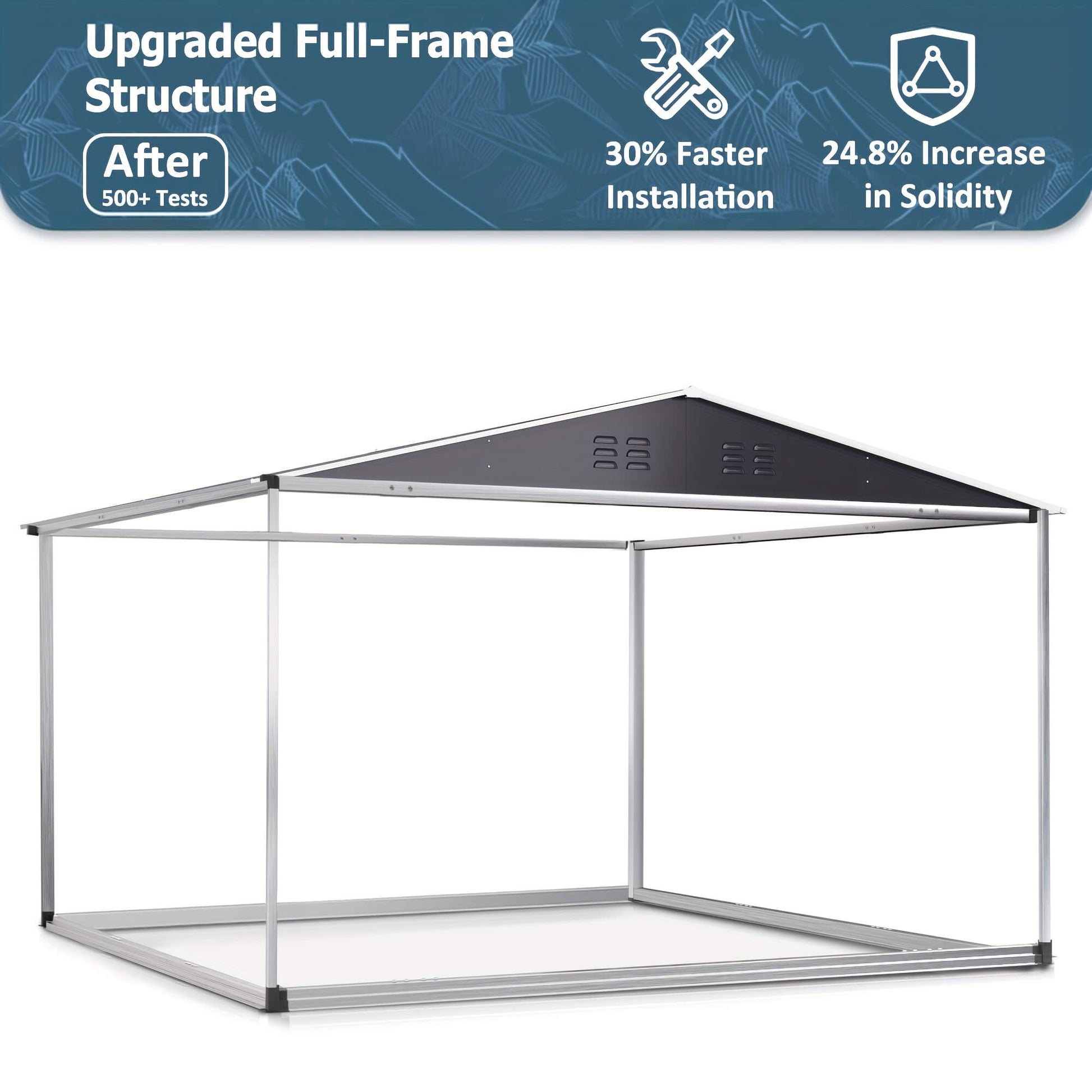 Gazebo structure with text highlighting upgraded full-frame structure features