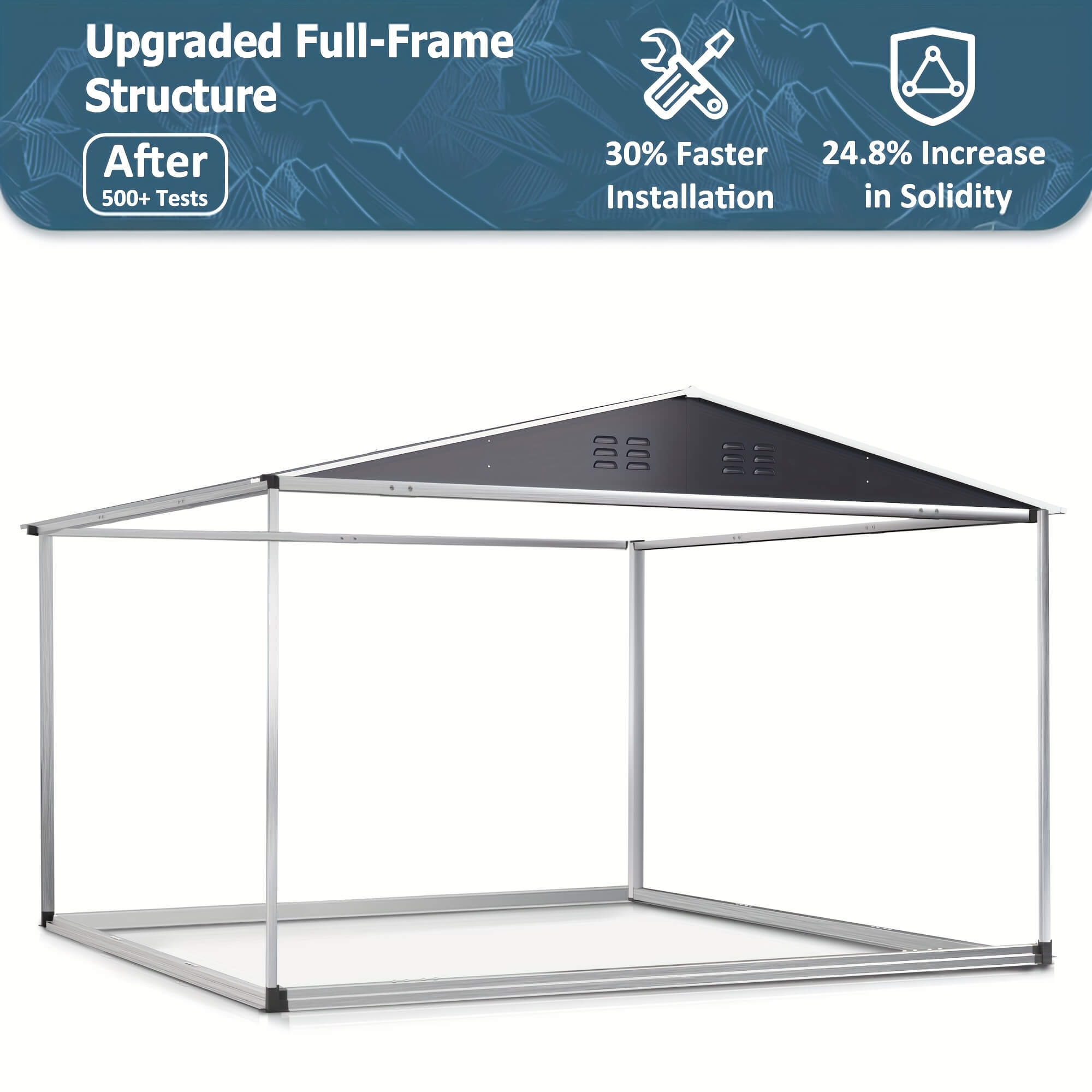 Gazebo structure with text highlighting upgraded full-frame structure features