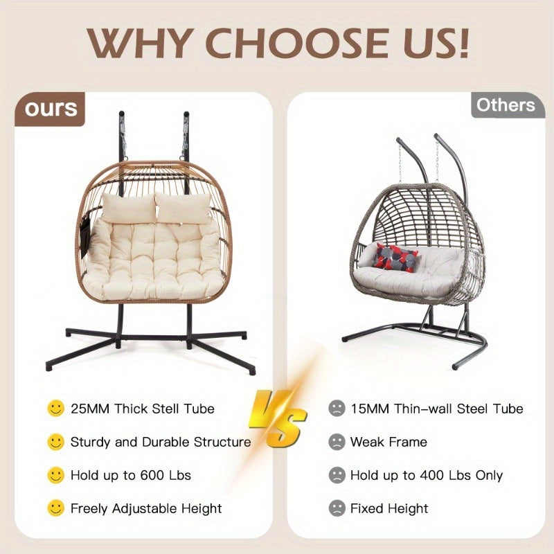 Comparison of a hanging chair with thick steel tube and another with thin-wall steel tube on a beige background.