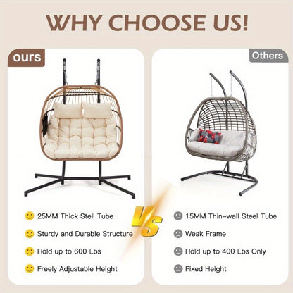 Comparison of a hanging chair with thick steel tube and another with thin-wall steel tube on a beige background.