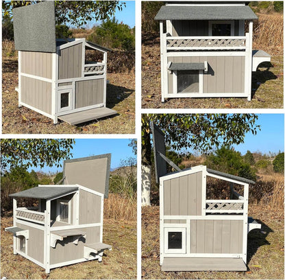Collage of a wooden cat house in an outdoor setting with trees and grass.