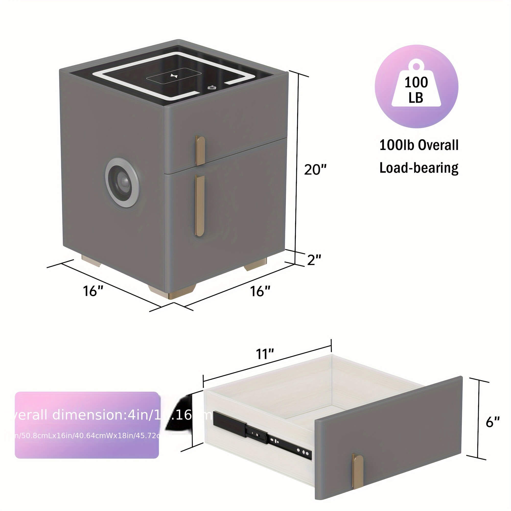 Gray storage unit with dimensions and load-bearing capacity label on a white background