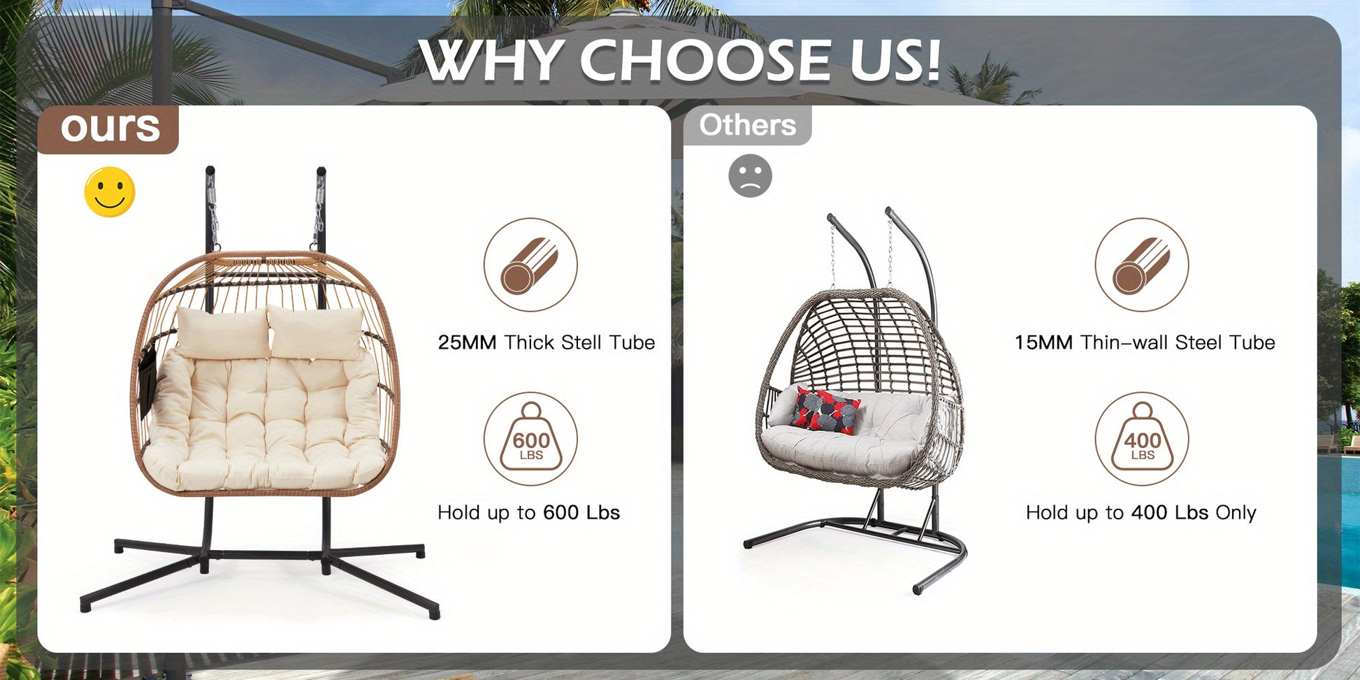 Comparison of two hanging chairs with text highlighting differences in tube thickness and weight capacity.