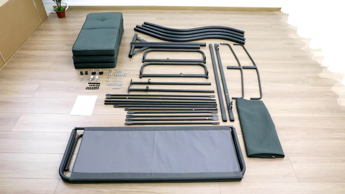 Components of a bed frame laid out on a wooden floor
