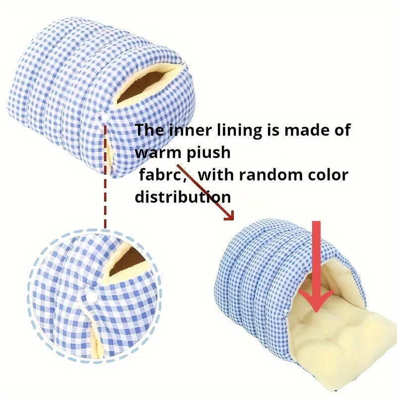 Blue checkered wool cat cave with text explaining the inner lining material.