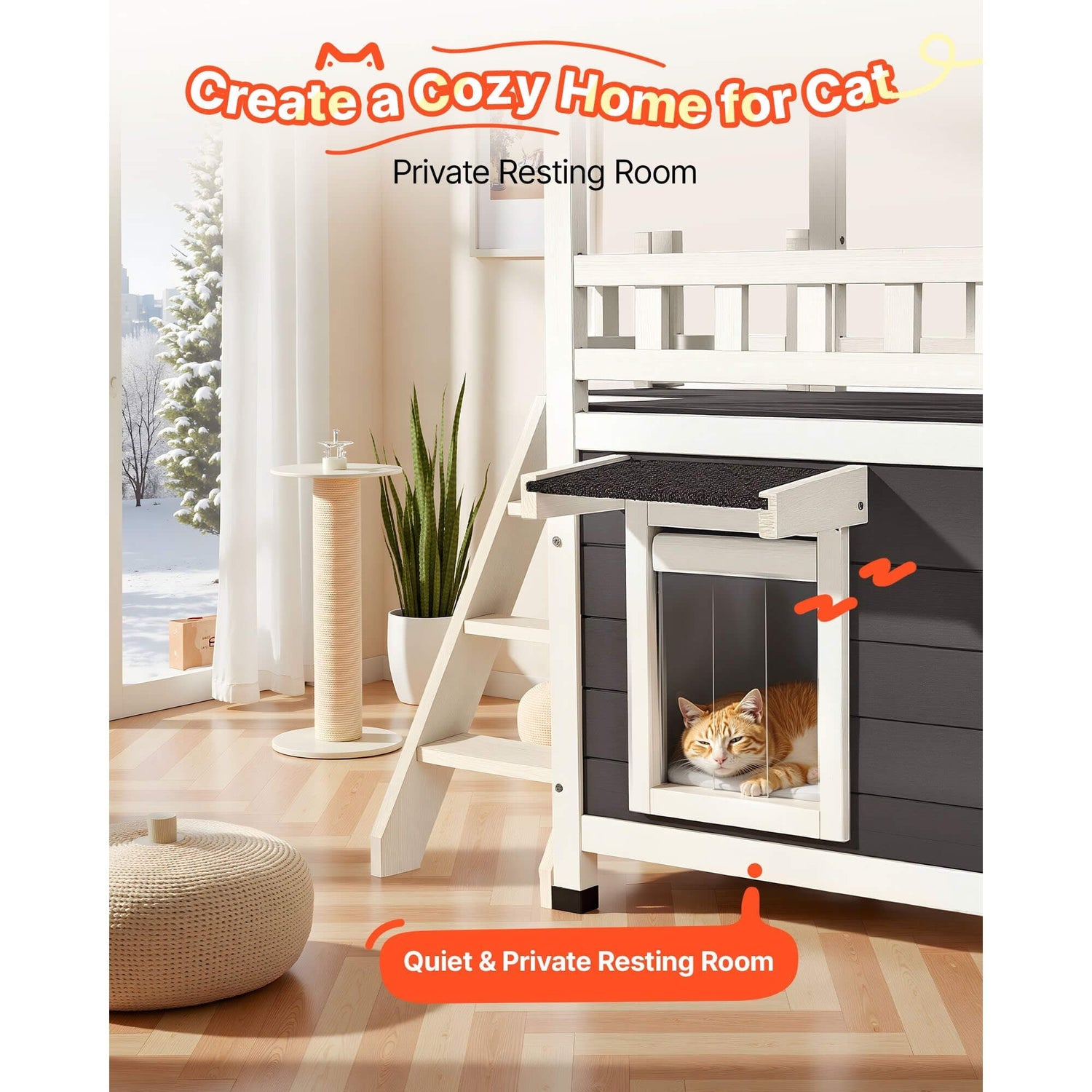 Cat house with a cat inside in a home setting.