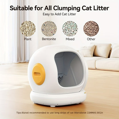 Meowant self cleaning litter box with text indicating suitability for various types of cat litter on a neutral background.