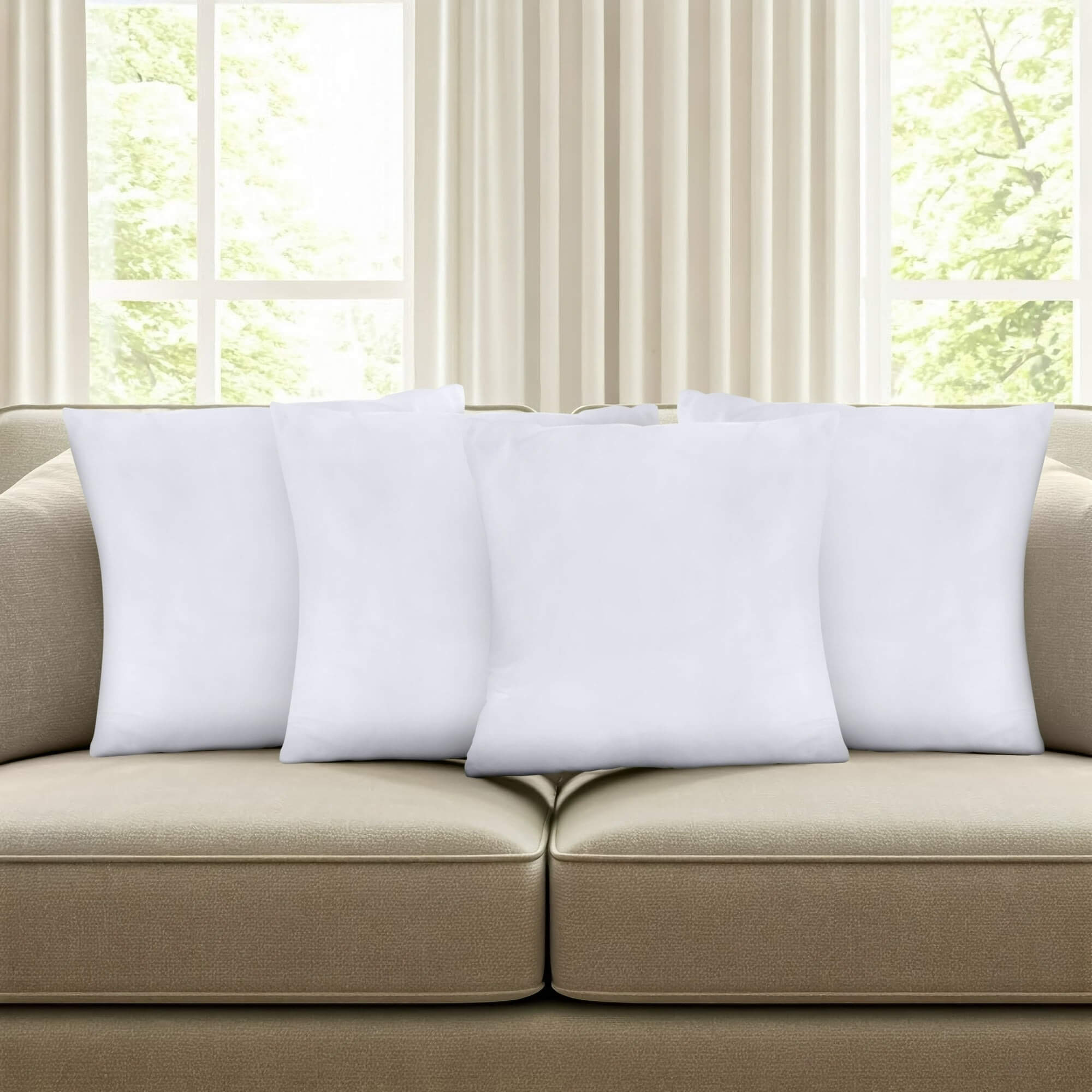 Beige sofa with white pillows in a room with large windows and striped curtains.