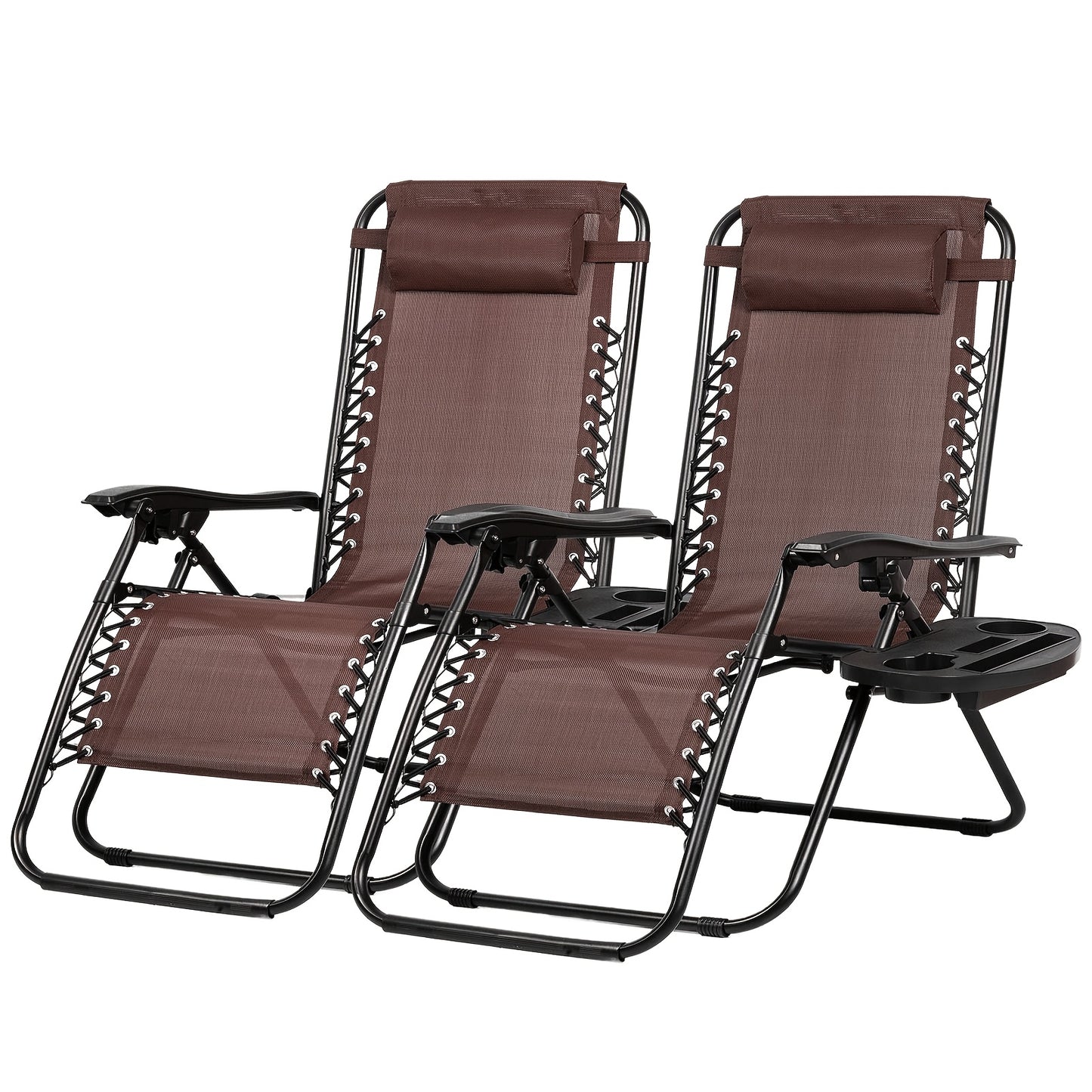 Two brown zero-gravity chairs with black frames on a white background