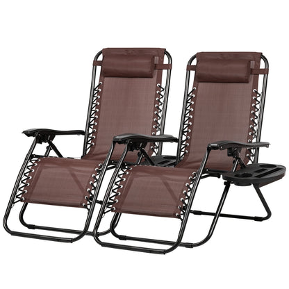 Two brown zero-gravity chairs with black frames on a white background