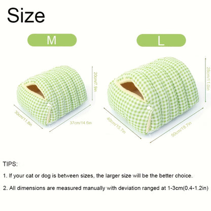 Two green checkered wool cat cave with measurements labeled M and L on a white background.