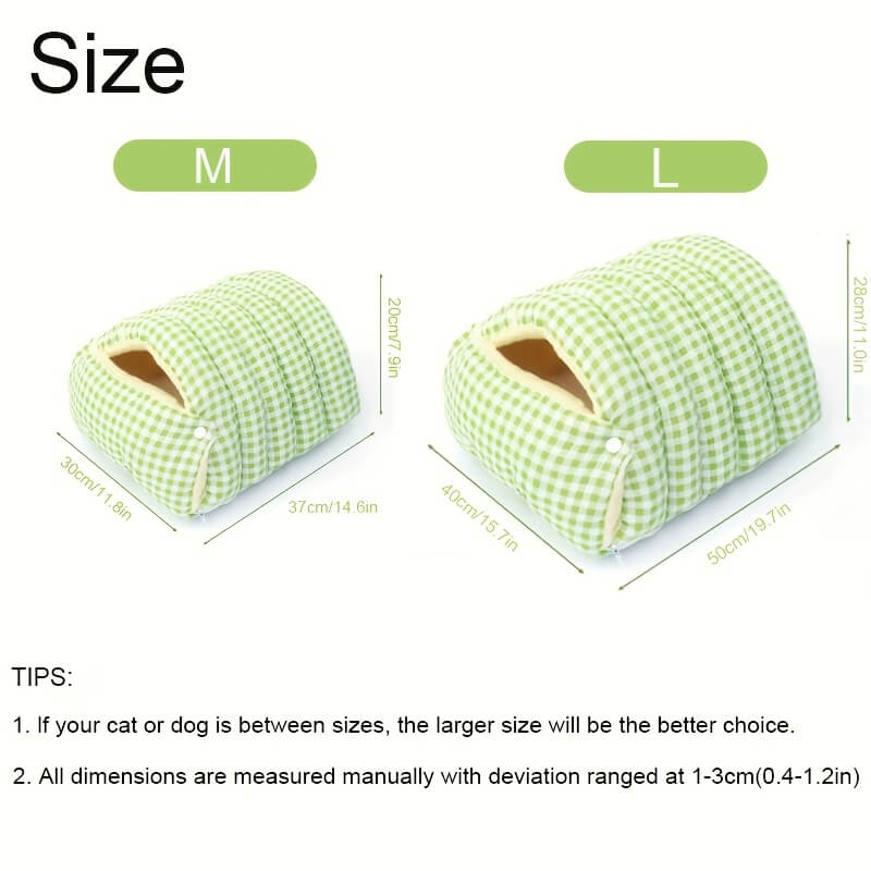 Two green checkered wool cat cave with measurements labeled M and L on a white background.