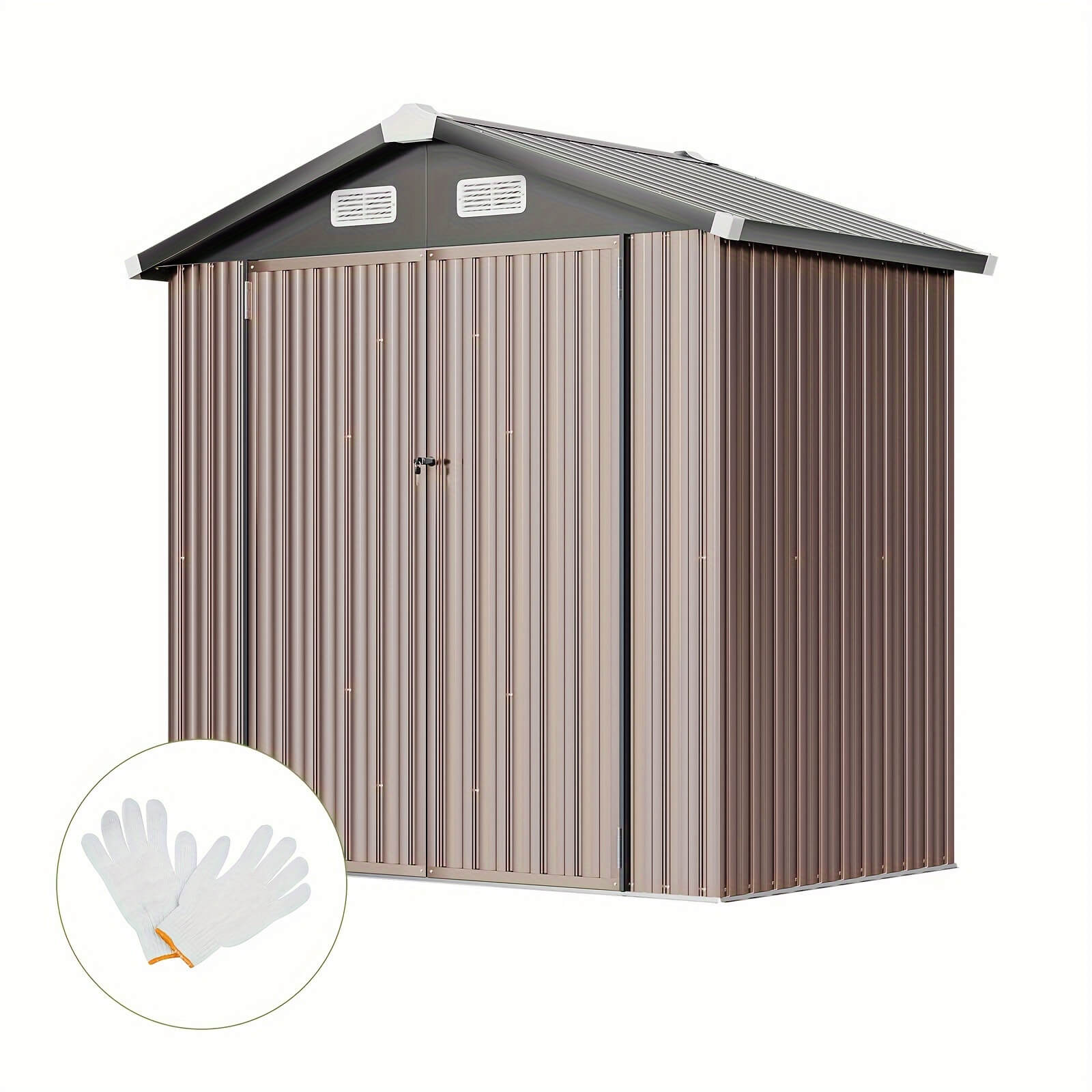 Metal storage shed with brown and gray design, featuring a small inset of gloves.