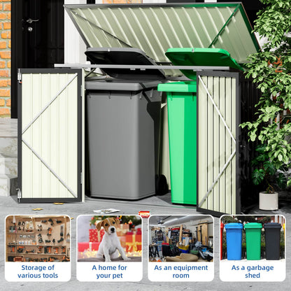 Outdoor storage unit with doors open, showing various uses including tool storage, pet home, equipment room, and garbage shed.