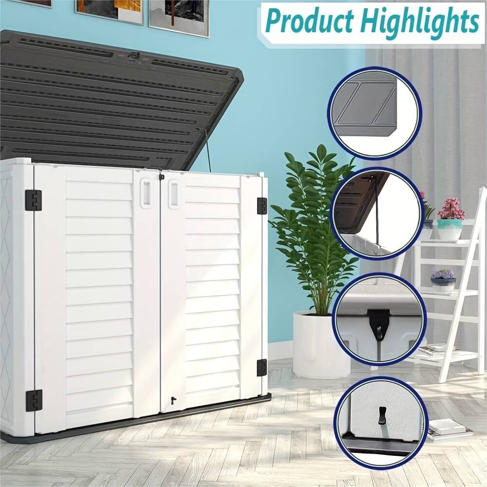 White storage box with black lid in a room with a plant and furniture.