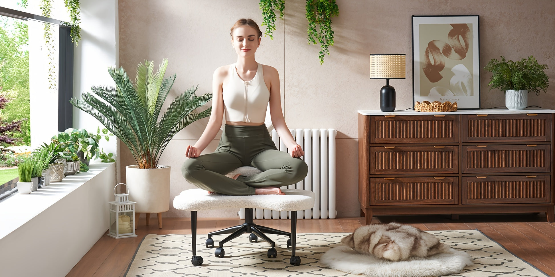 Woman meditating on a chair in a modern living room with plants and furniture.