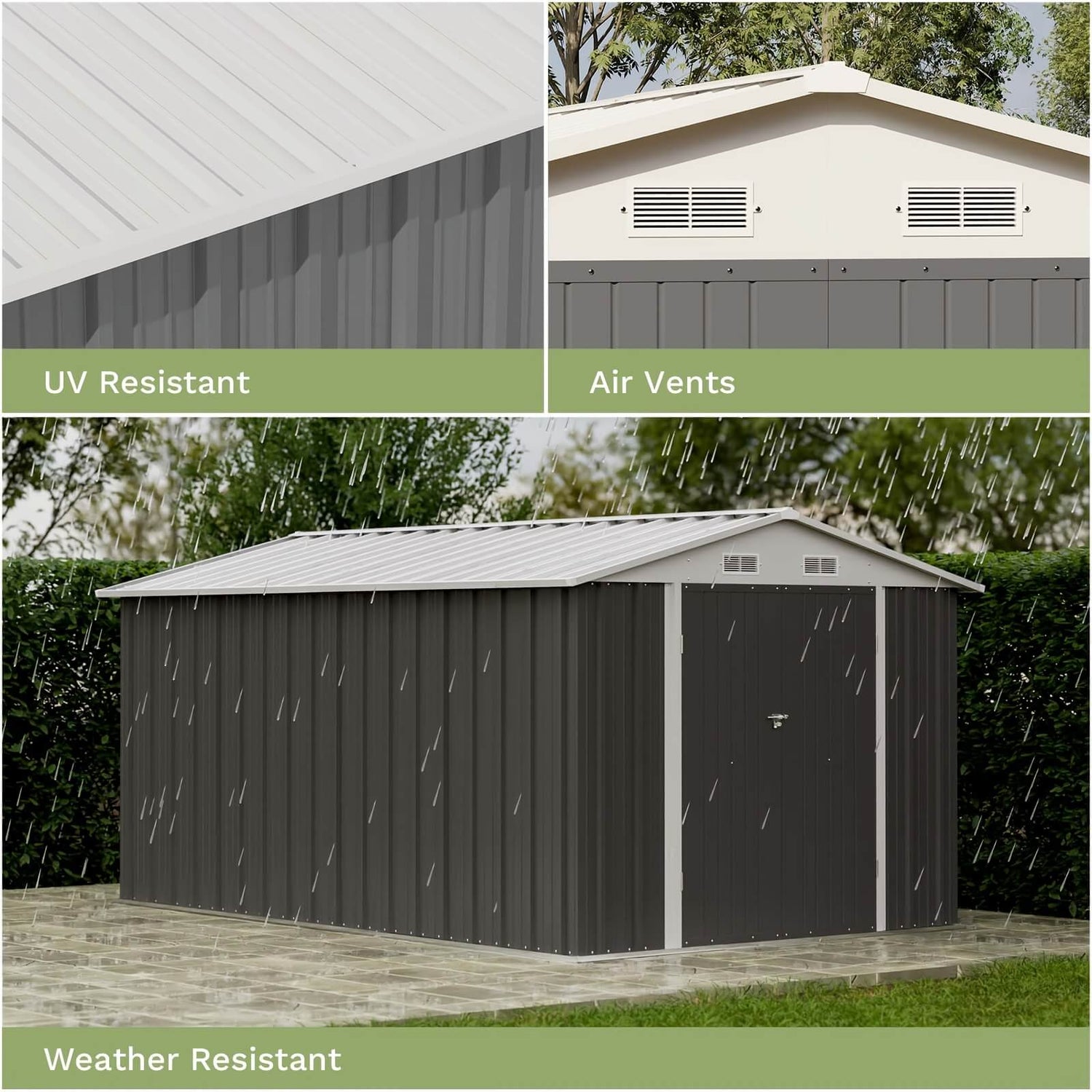 Metal storage shed with UV resistant material, air vents, and weather resistance features.