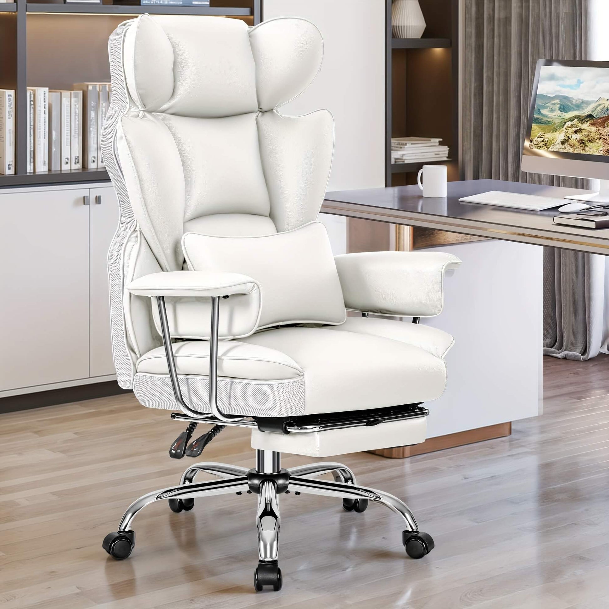 White executive office chair with massage and heating functions in a home office setting.