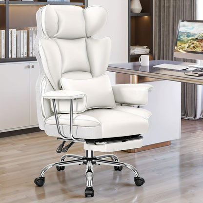 White executive office chair in a home office setting.