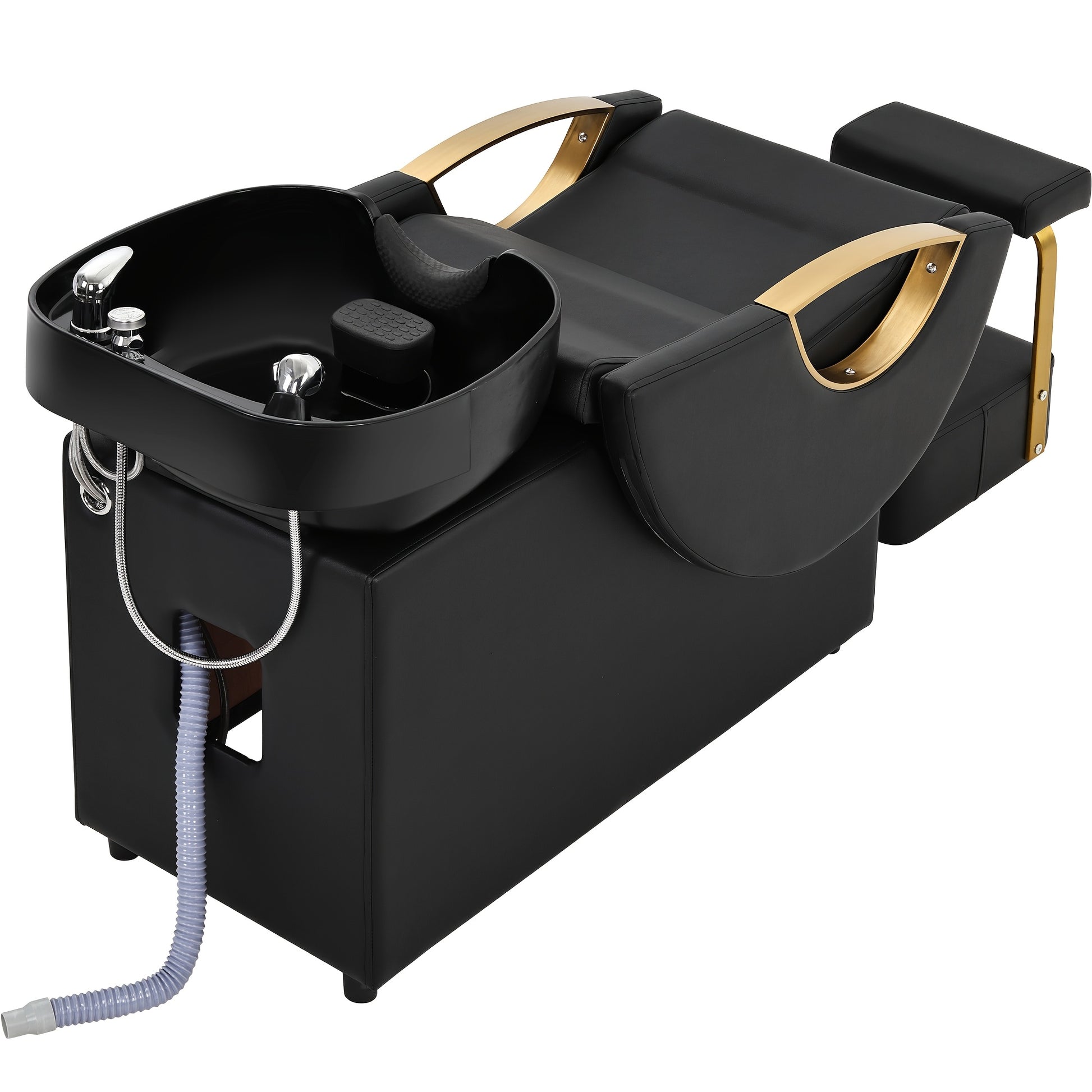 Black and gold salon backwash unit with sink on a white background