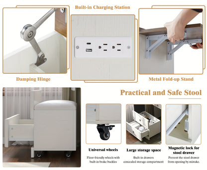 Collage of features and benefits of a practical and safe stool with images of charging station, hinge, stand, wheels, storage space, and lock.