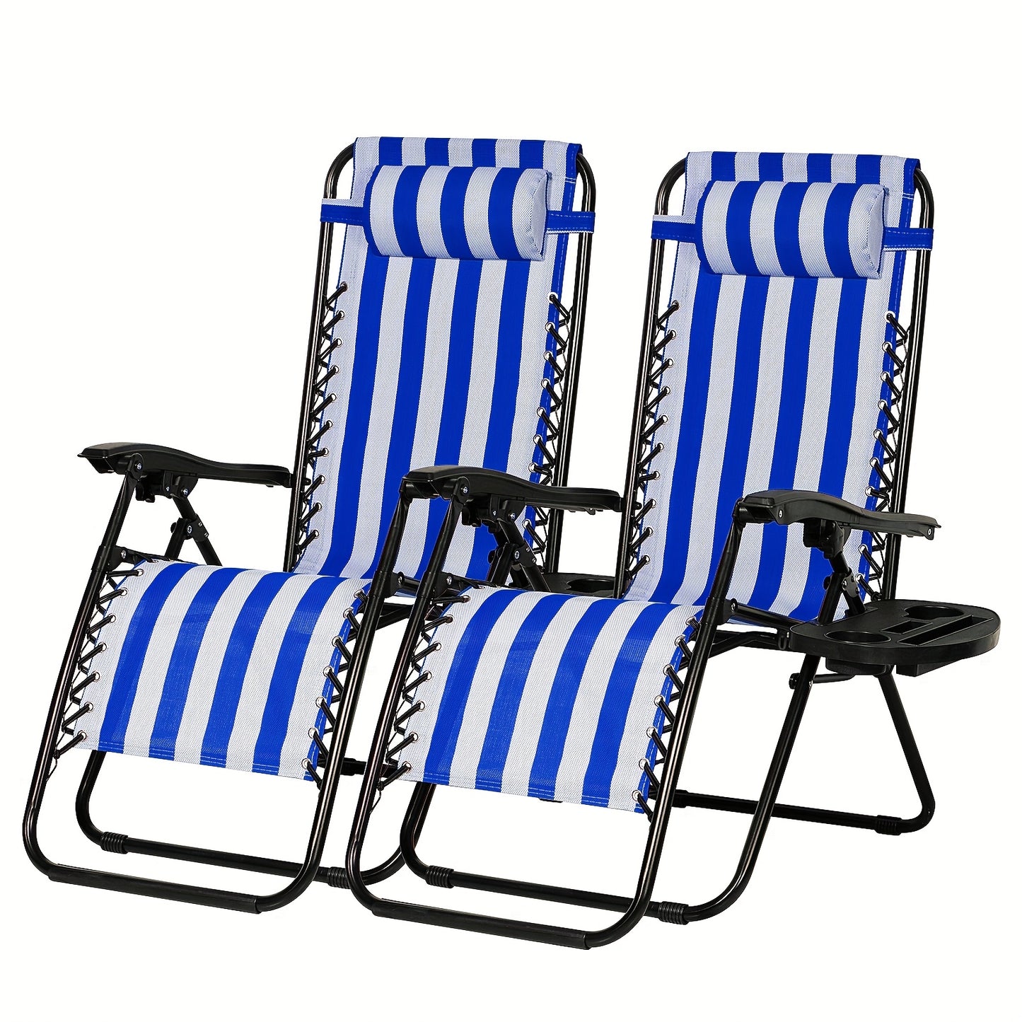 Two blue and white striped beach chairs with armrests on a white background